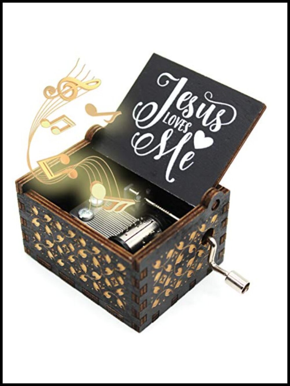 Wooden Music Box Jesus Loves Me Engraved Hand Crank Gift